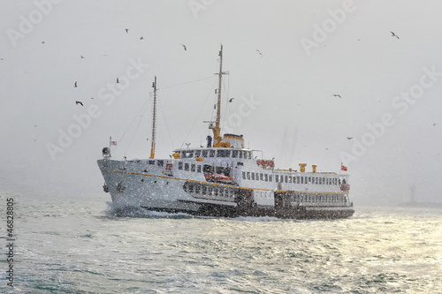 Photography Istanbul ferry sailing in to Bosporus Sea in winter