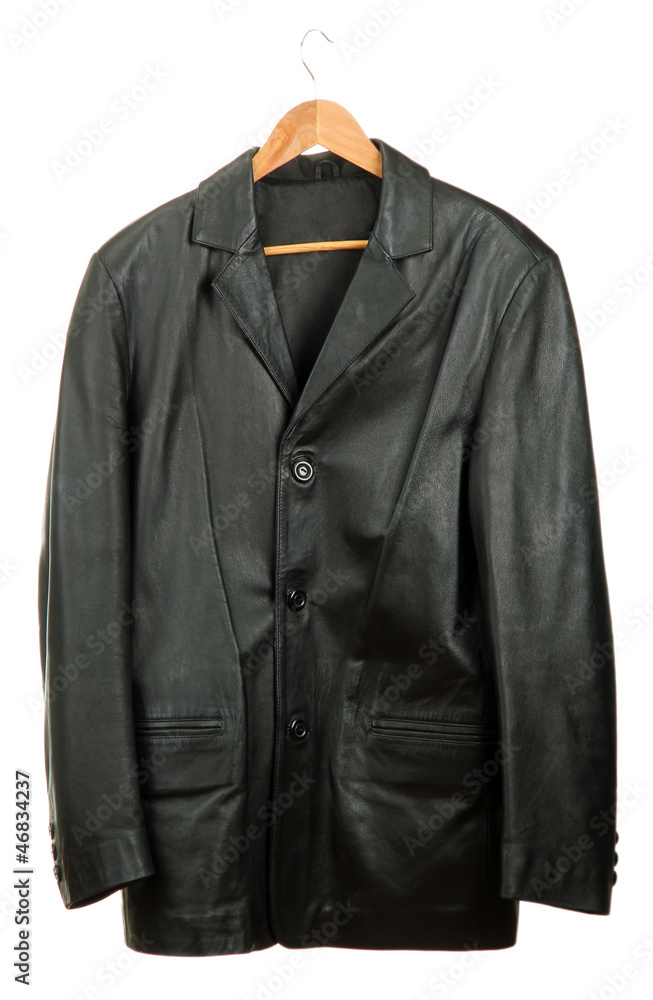 black leather Jacket on  wooden hanger, isolated on white