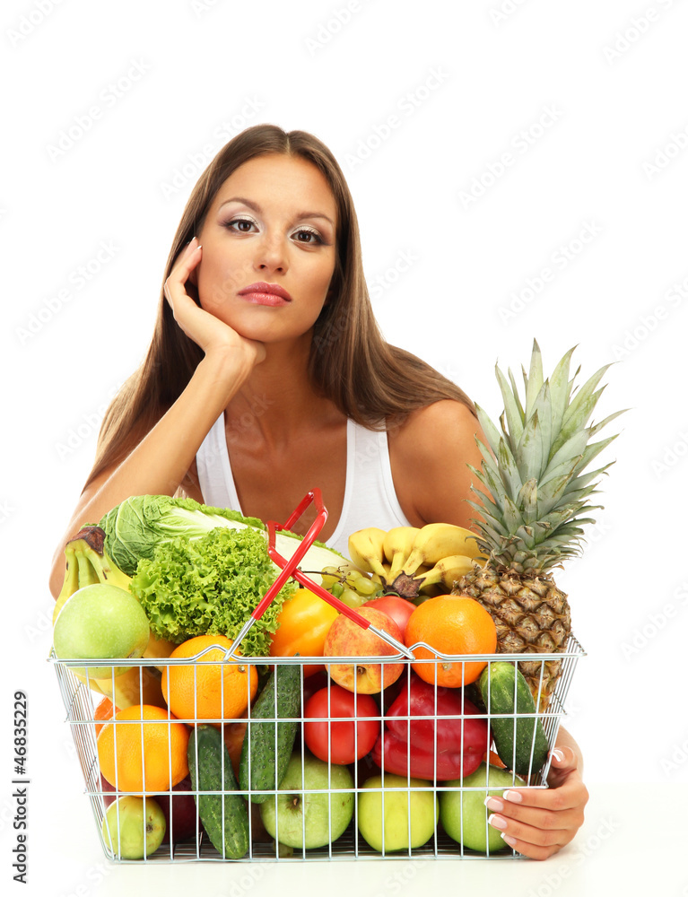 beautiful young woman with fruits and vegetables in shopping beautiful young woman with fruits and vegetables in shopping