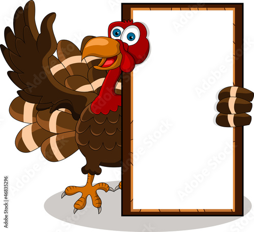 happy turkey cartoon with blank board