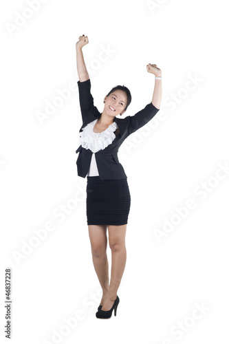 Success / winner business woman isolated white background.