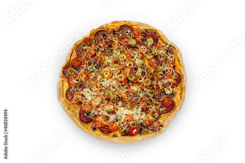 Pizza with salami and cherry tomatoes, isolated on white