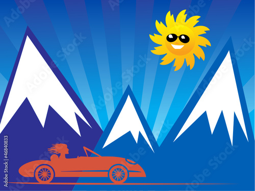 Red convertible car on mountain background, vector