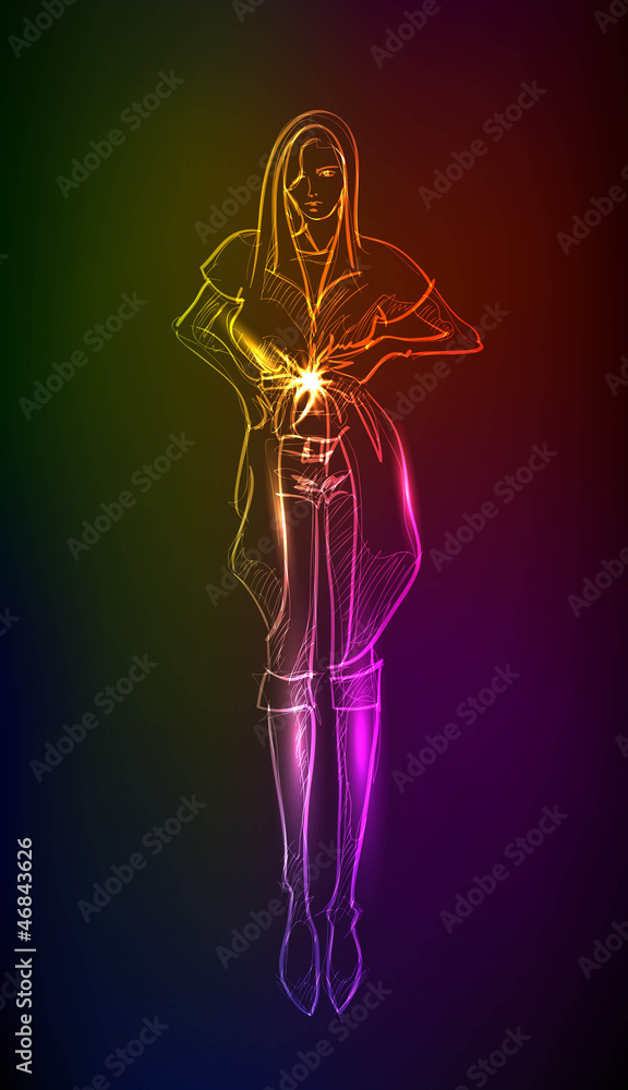 Hand-drawn fashion model from a neon. A light girl's Hand-drawn fashion model from a neon. A light girl's