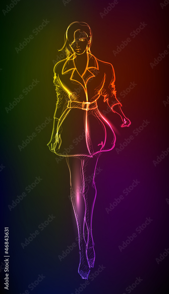Hand-drawn fashion model from a neon. A light girl's Hand-drawn fashion model from a neon. A light girl's