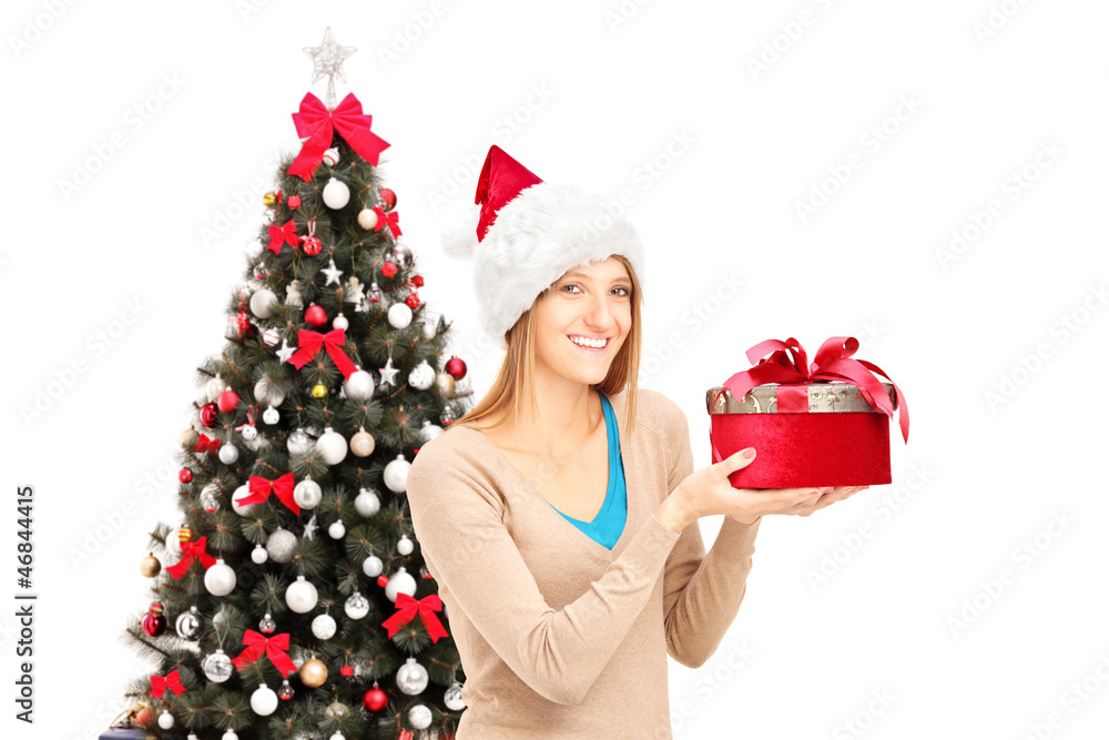 Female with christmas hat holding a gift, christmas tree in the Female with christmas hat holding a gift, christmas tree in the