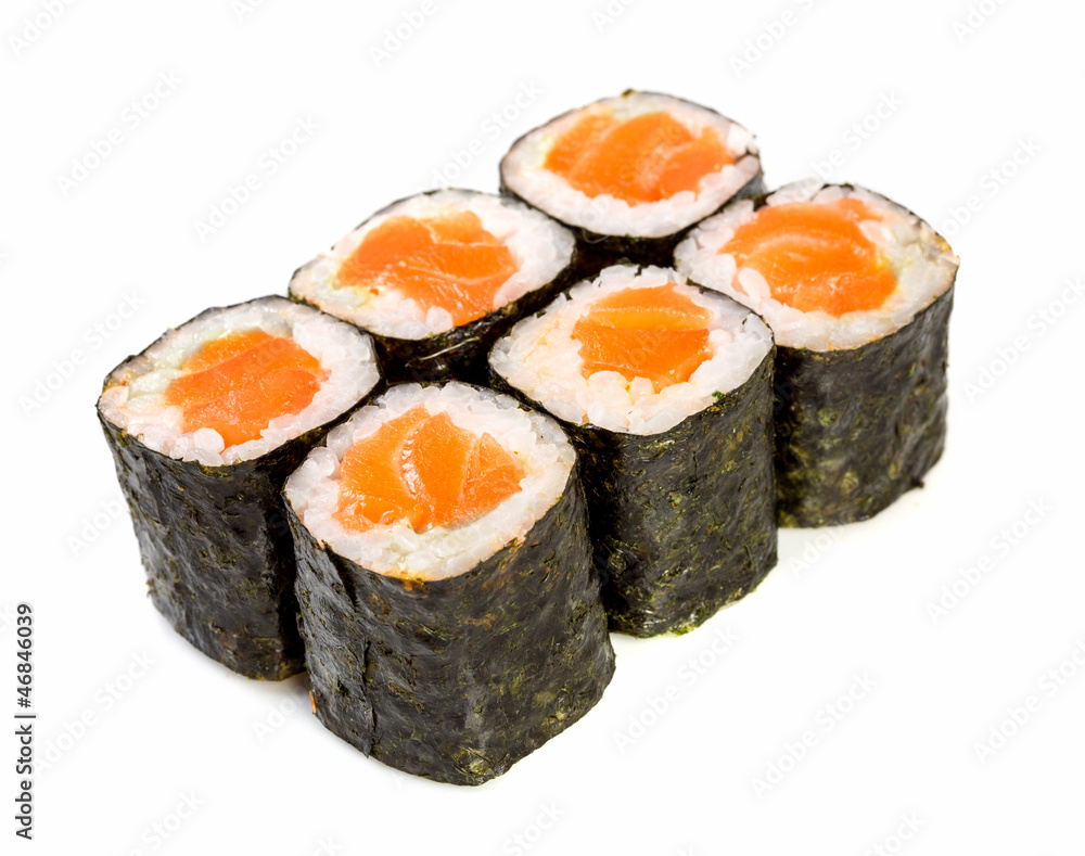 Sushi (Roll syake maki) on a white background Sushi (Roll syake maki) on a white background