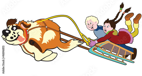 dog pulling sledge with children