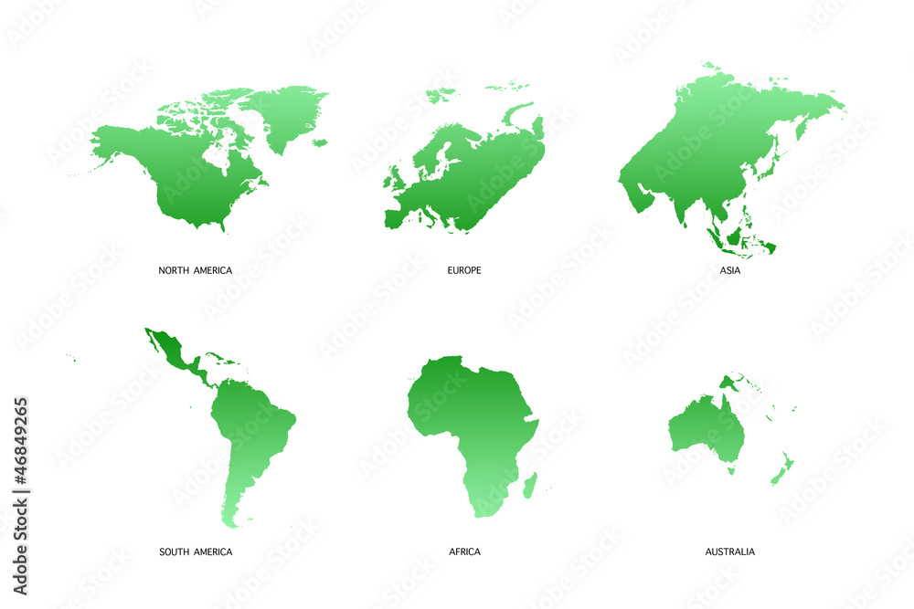 World Map 6 continents on white background