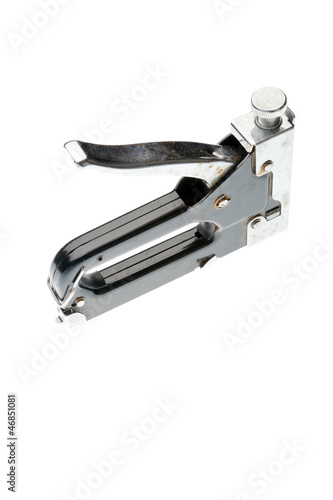 Industrial black stapler gun isolated on white background.