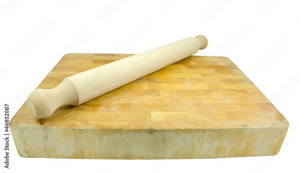 rolling pin on chopping board isolated on white