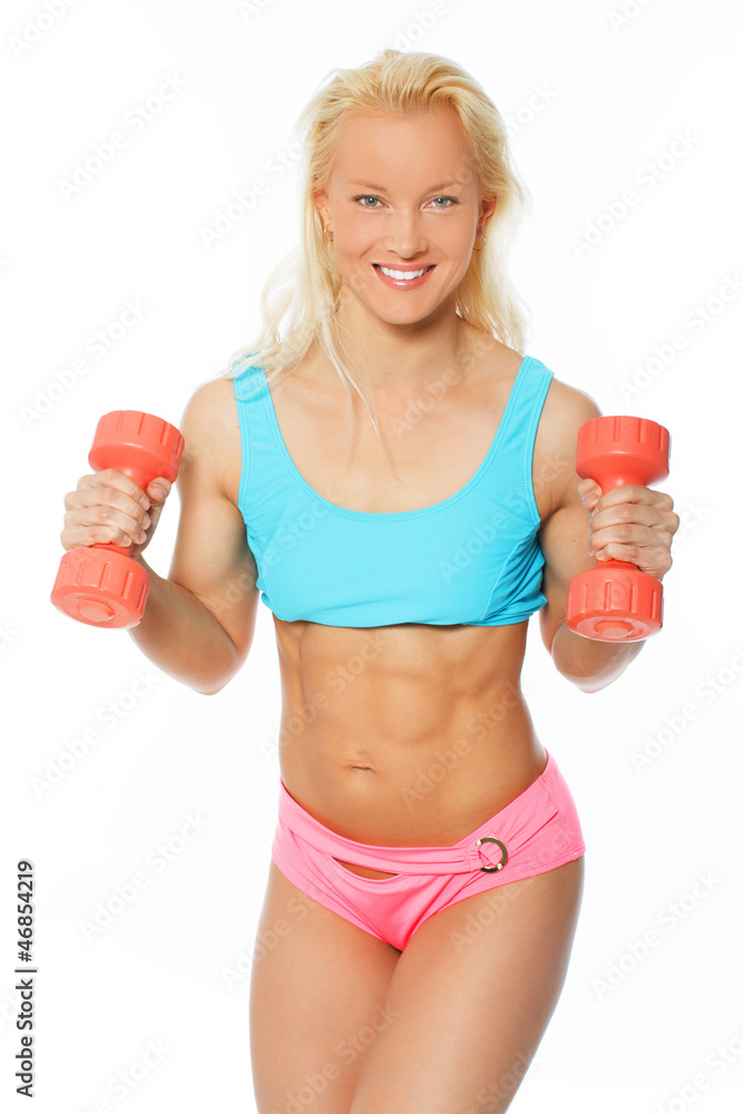 Portrait of beautiful woman posing on white background with dumb Portrait of beautiful woman posing on white background with dumb