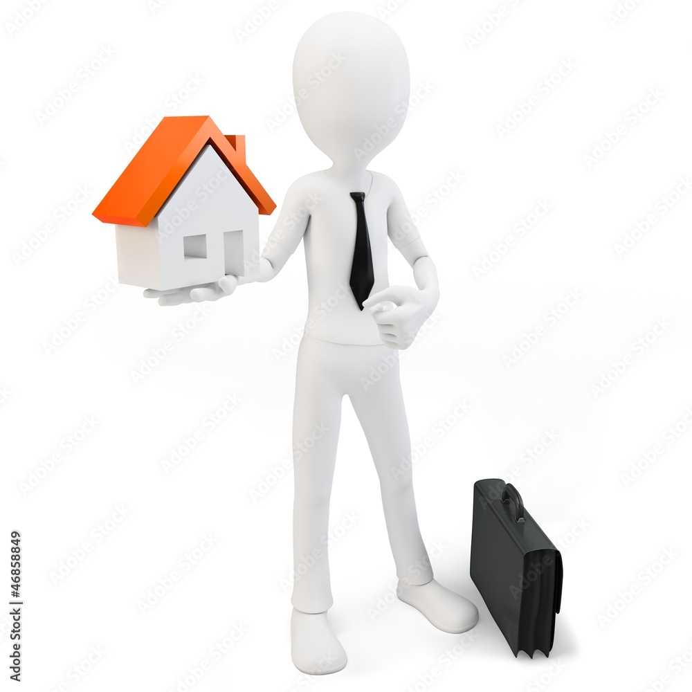 3d business man with house and briefcase 3d business man with house and briefcase