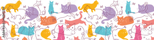 Vector Colorful Cats Horizontal Seamless Pattern Ornament. Cute,