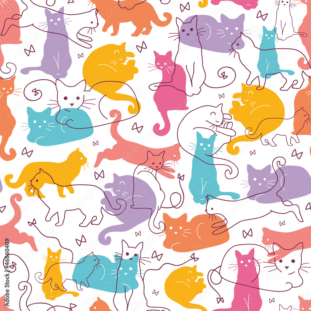 Naklejka premium Vector Colorful Cats Seamless Pattern Background. Cute, hand