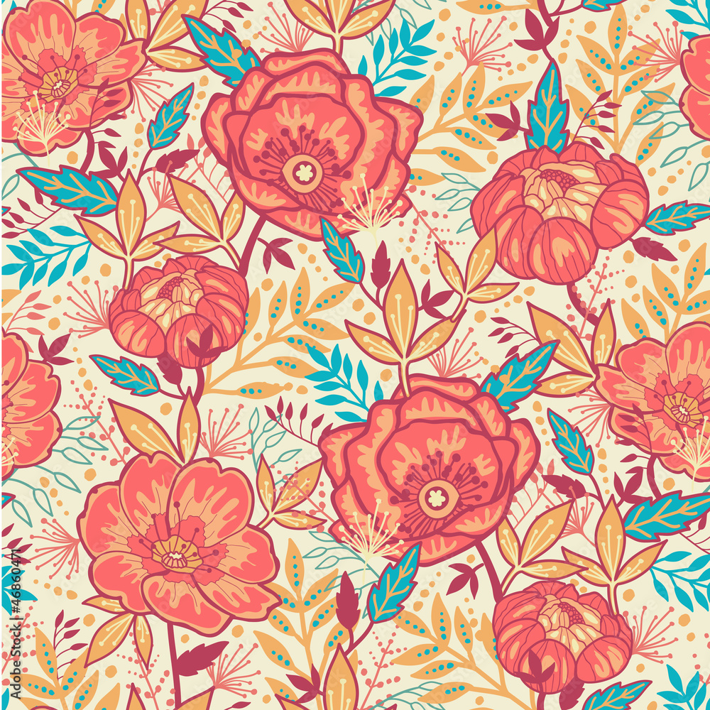 Vector Bright Garden Flowers Seamless Pattern With Red Peonies