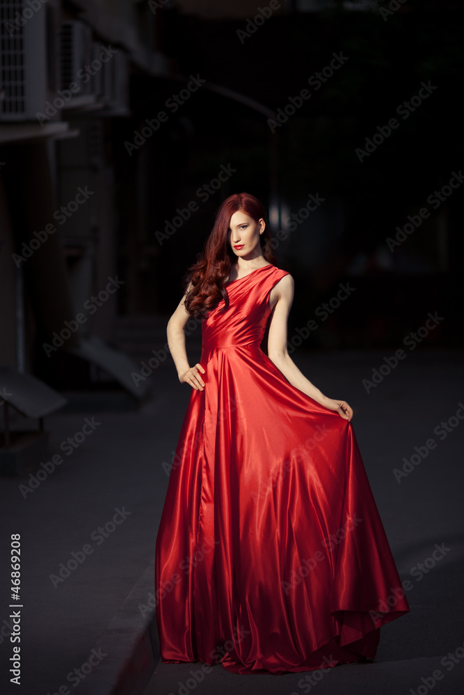 Young Beauty Famous Woman In Red Dress Outdoor Young Beauty Famous Woman In Red Dress Outdoor