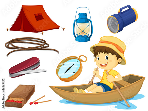 a boy and various objects of camping