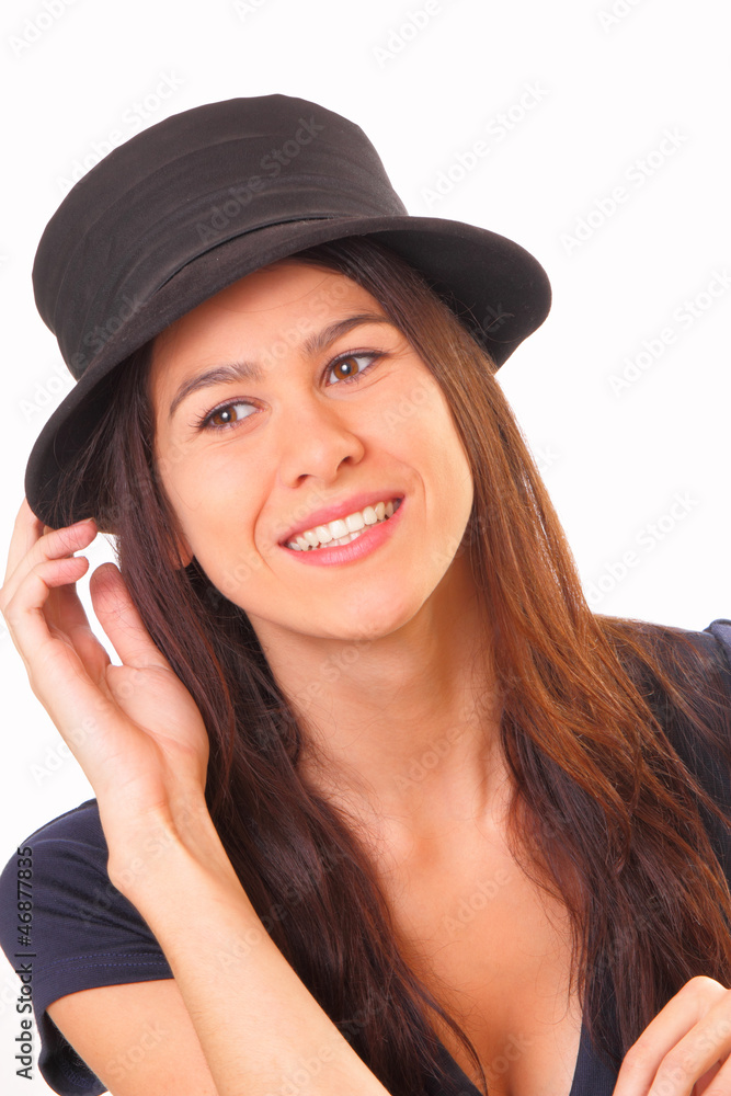 Handsome young brunette woman in a hat Handsome young brunette woman in a hat