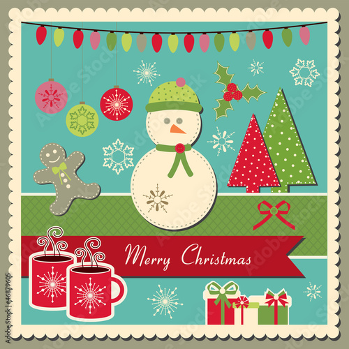 Scrapbook inspired vector scrapbook Christmas card with snowman