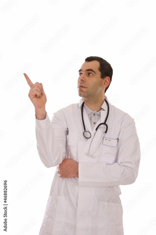 Doctor points his finger upward Doctor points his finger upward