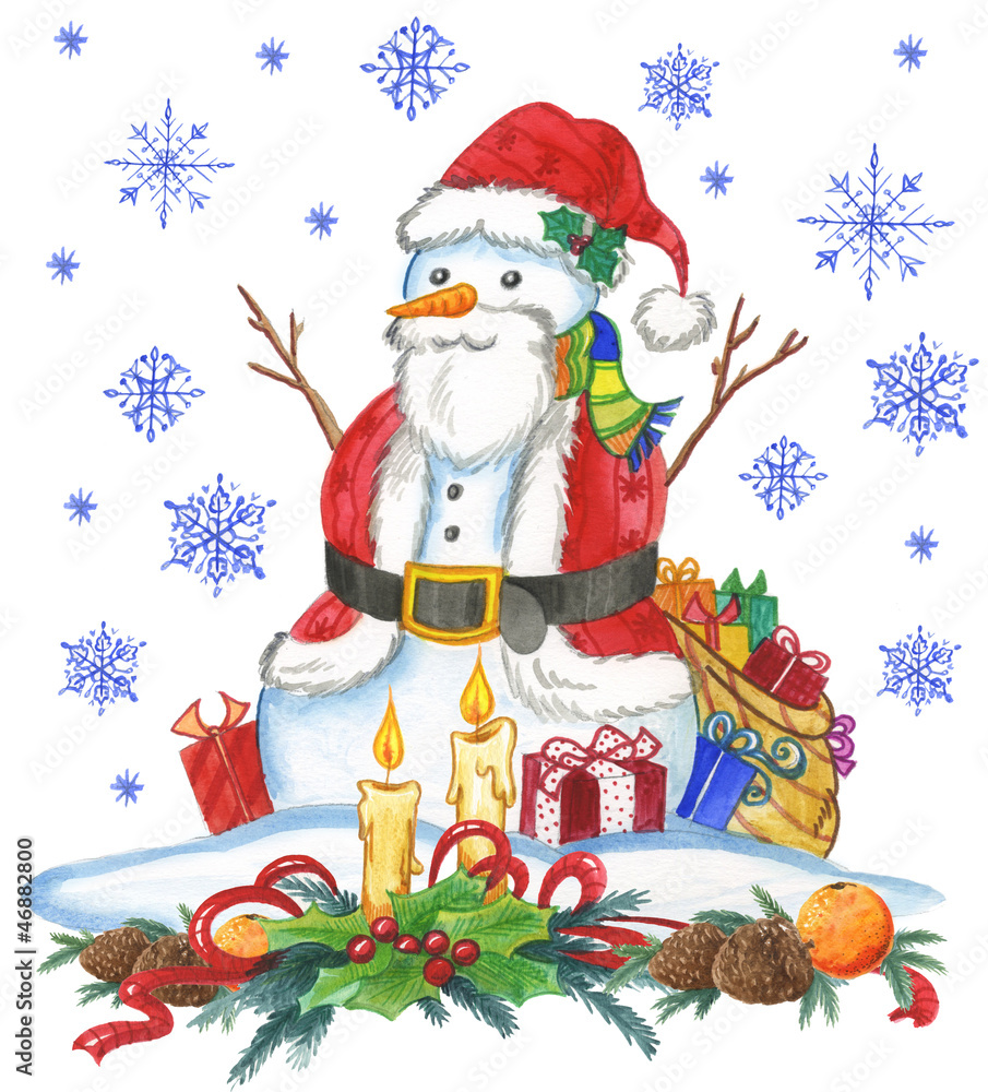 Snow man in Santa Claus dresses, watercolor Snow man in Santa Claus dresses, watercolor