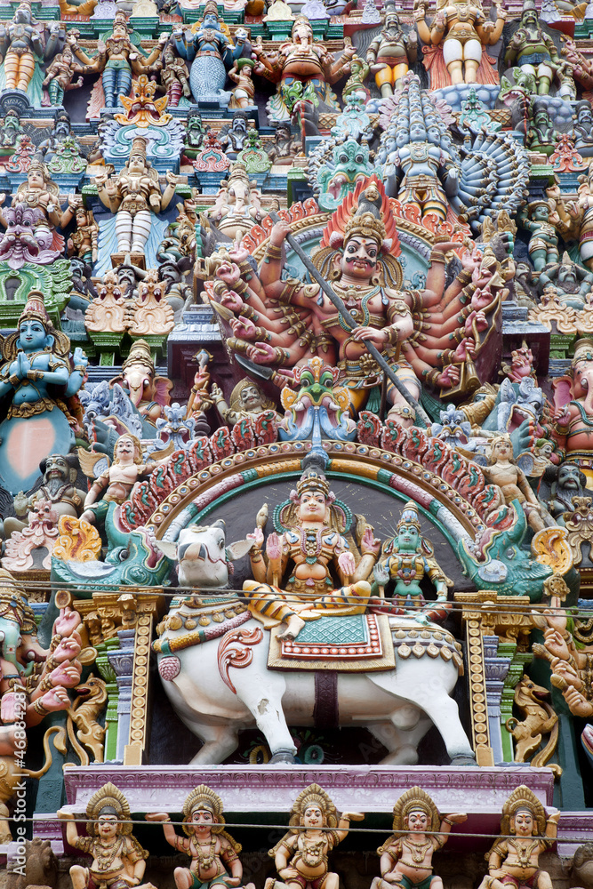 colorful reliefs of Hindu gods in the temple of Meenakshi
