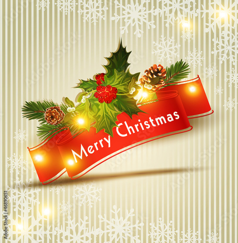 Vector festive Christmas background with red ribb