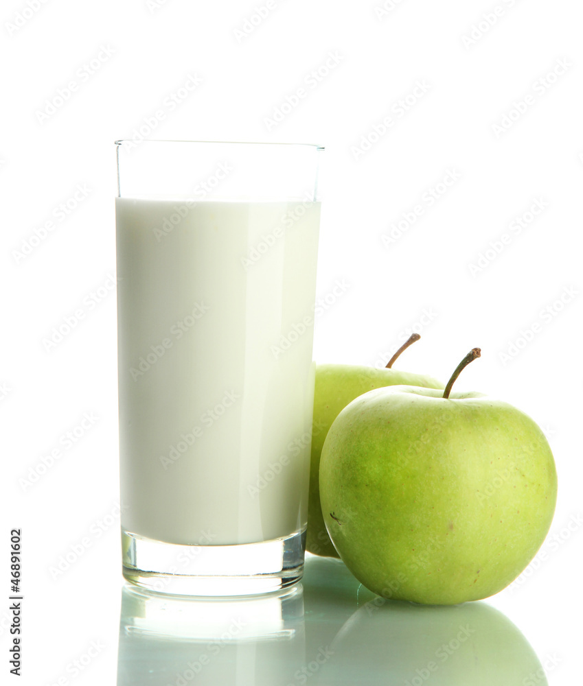 Glass of kefir and green apples, isolated on white Glass of kefir and green apples, isolated on white