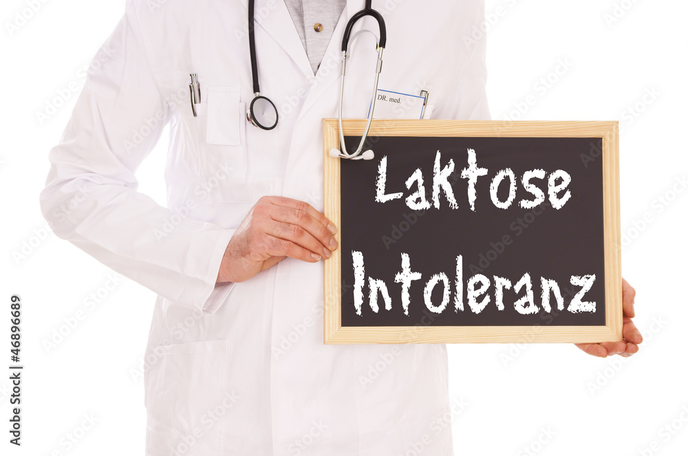 Arzt mit Schild - Laktose Intoleranz Arzt mit Schild - Laktose Intoleranz
