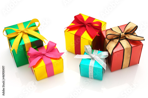 Colorful gifts on white background.