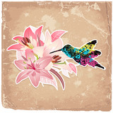 Vintage background with blooming with lilies and bird