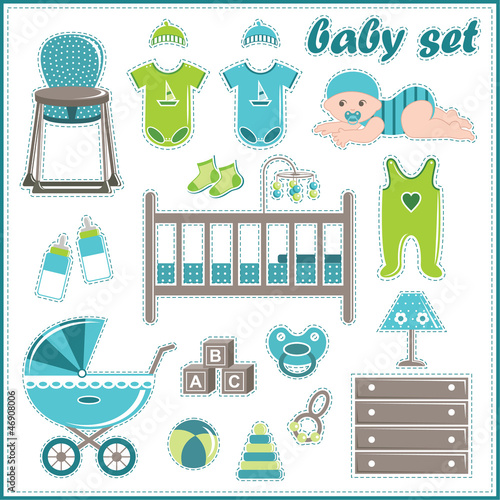 Scrapbook elements with baby boy things
