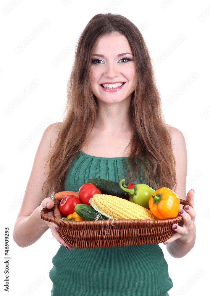 Beautiful woman with vegetables in wicker basket isolated Beautiful woman with vegetables in wicker basket isolated