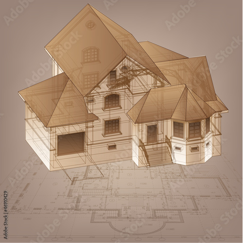 Architectural background with a 3D building model