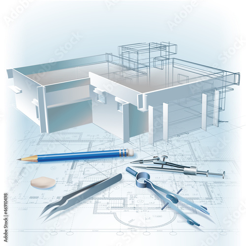 Architectural background with a 3D building model