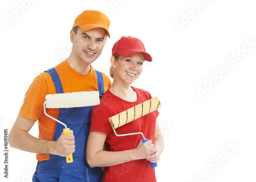 Portrait of house painter workers isolated photo