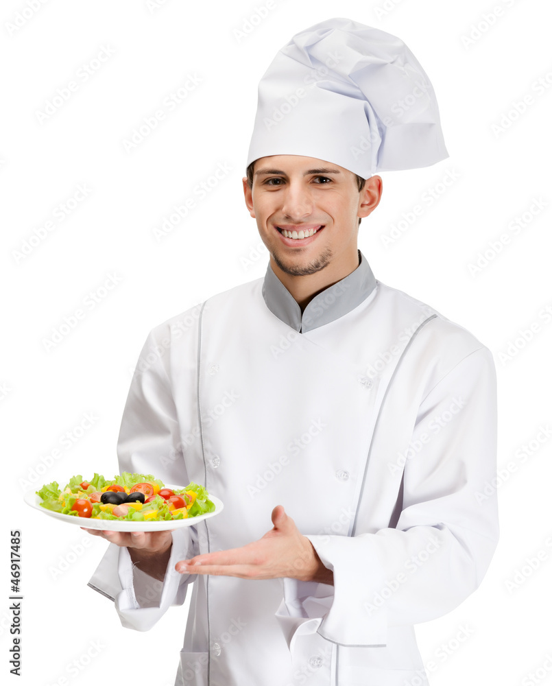 Portrait of chef cook showing salad dish, isolated on white Portrait of chef cook showing salad dish, isolated on white
