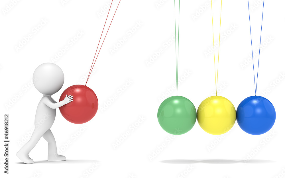 SEO.3D little human character with Newtons Cradle. Side view. SEO.3D little human character with Newtons Cradle. Side view.