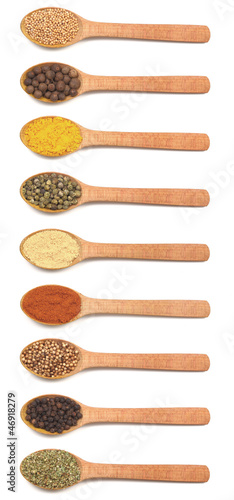Collection of spices in wooden spoons
