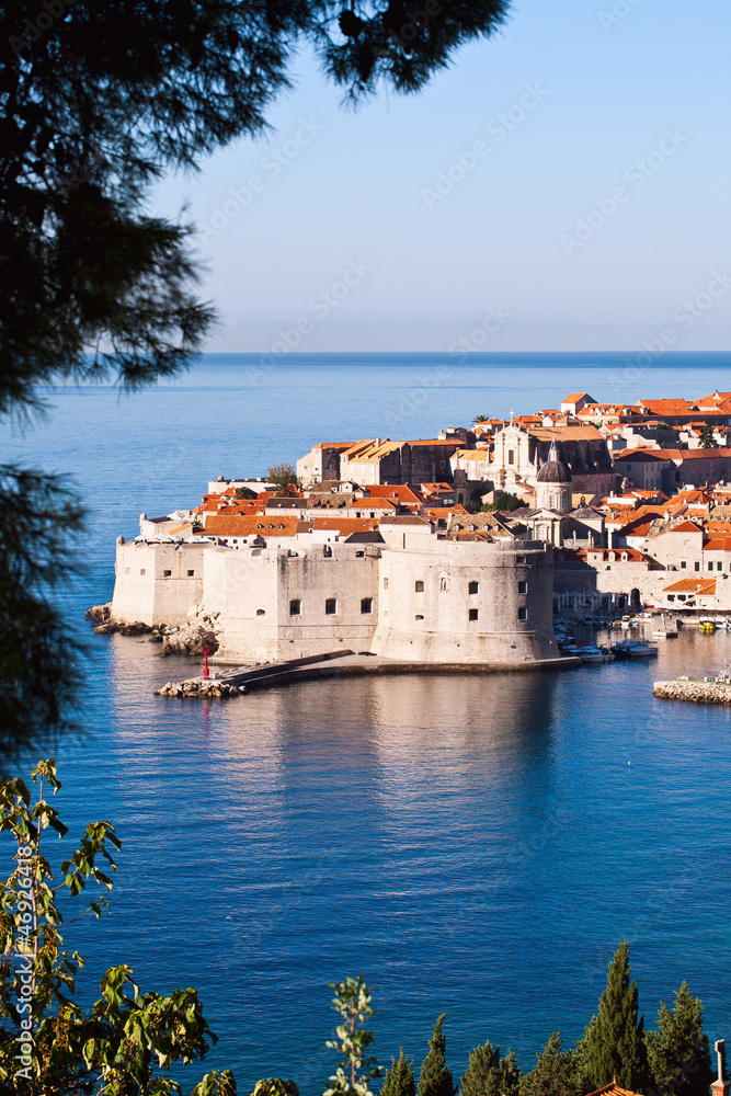 Overlooking city walls of old town of Dubrovnik, Croatia.