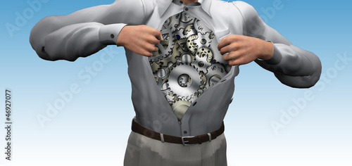 Man opens shirt to reveal gears