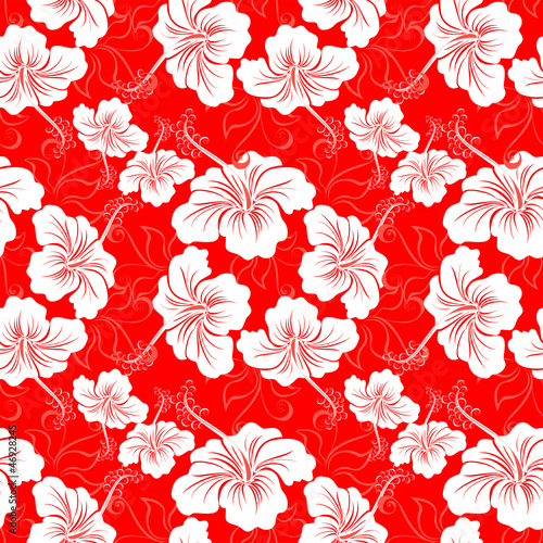 Seamless background with hibiscus flower. Hawaiian patterns