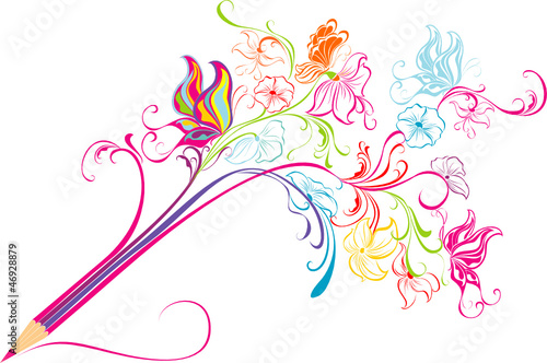 Creative floral pencil. Art concept, vector illustration