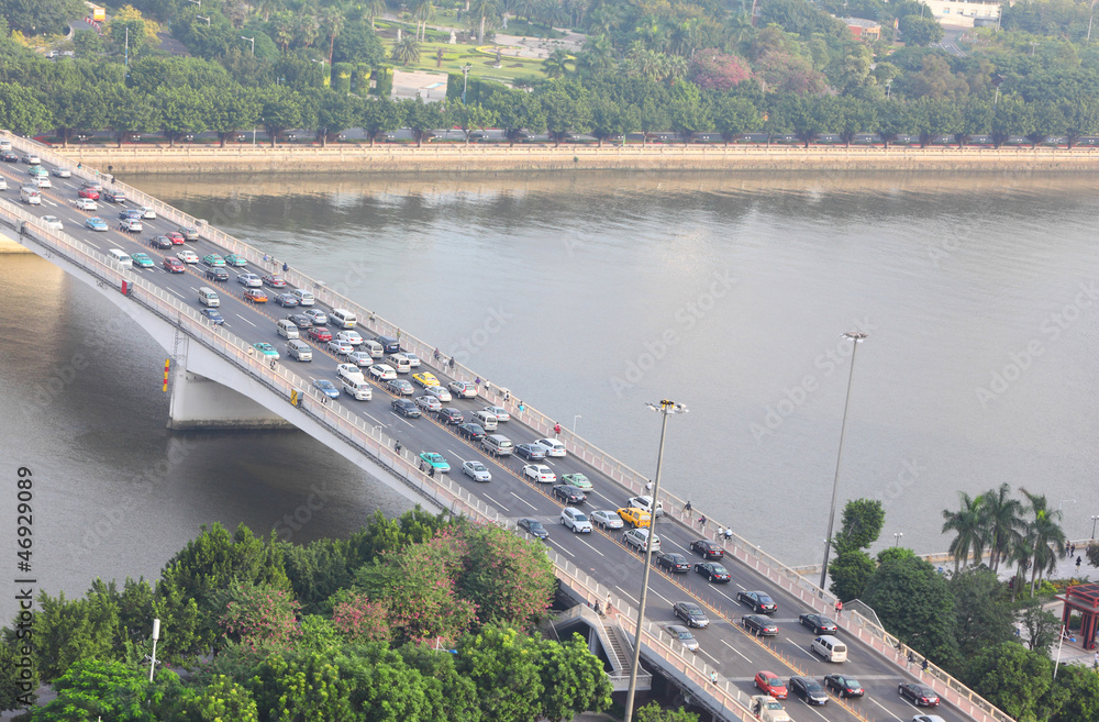 Bridge with cars on Pearl river in Guangzhou, China