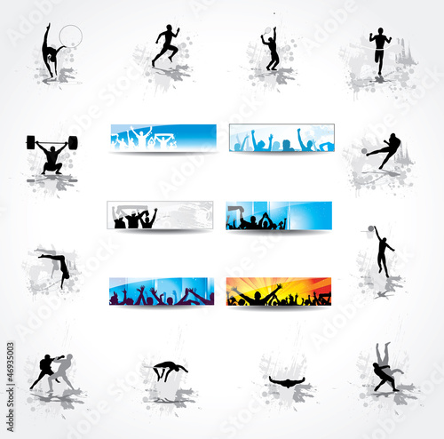 Set. Icons for sports championships and banners from happy fans
