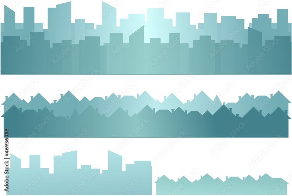 set background with skyscraper and cottage silhouette