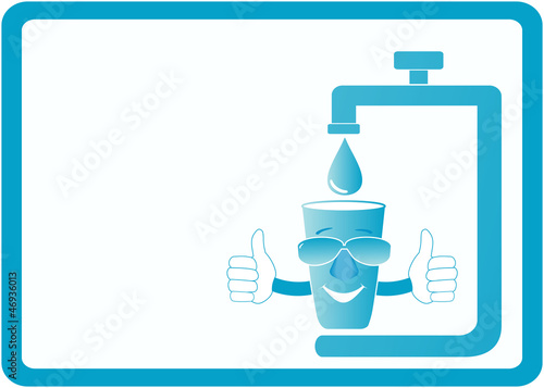 visiting icon with cartoon smile glass thumb up and tap water