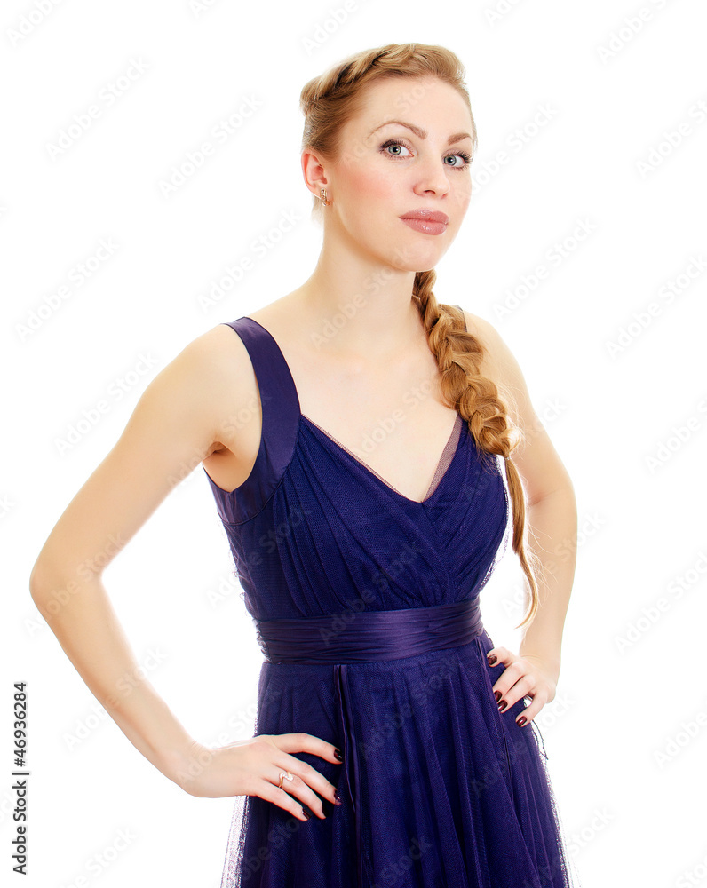 Woman with pigtail in blue dress. Isolated on white. Woman with pigtail in blue dress. Isolated on white.