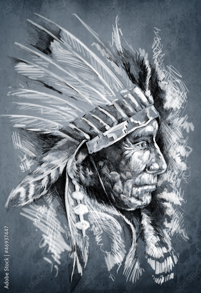 Sketch of tattoo art, native american indian head, chief, dirty Stock ...